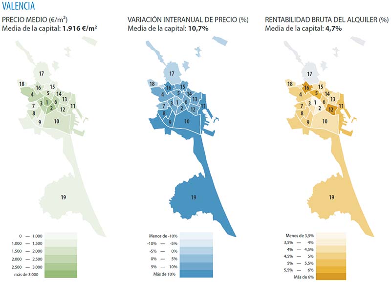 Valencia neighbourhoods and house prices per m²